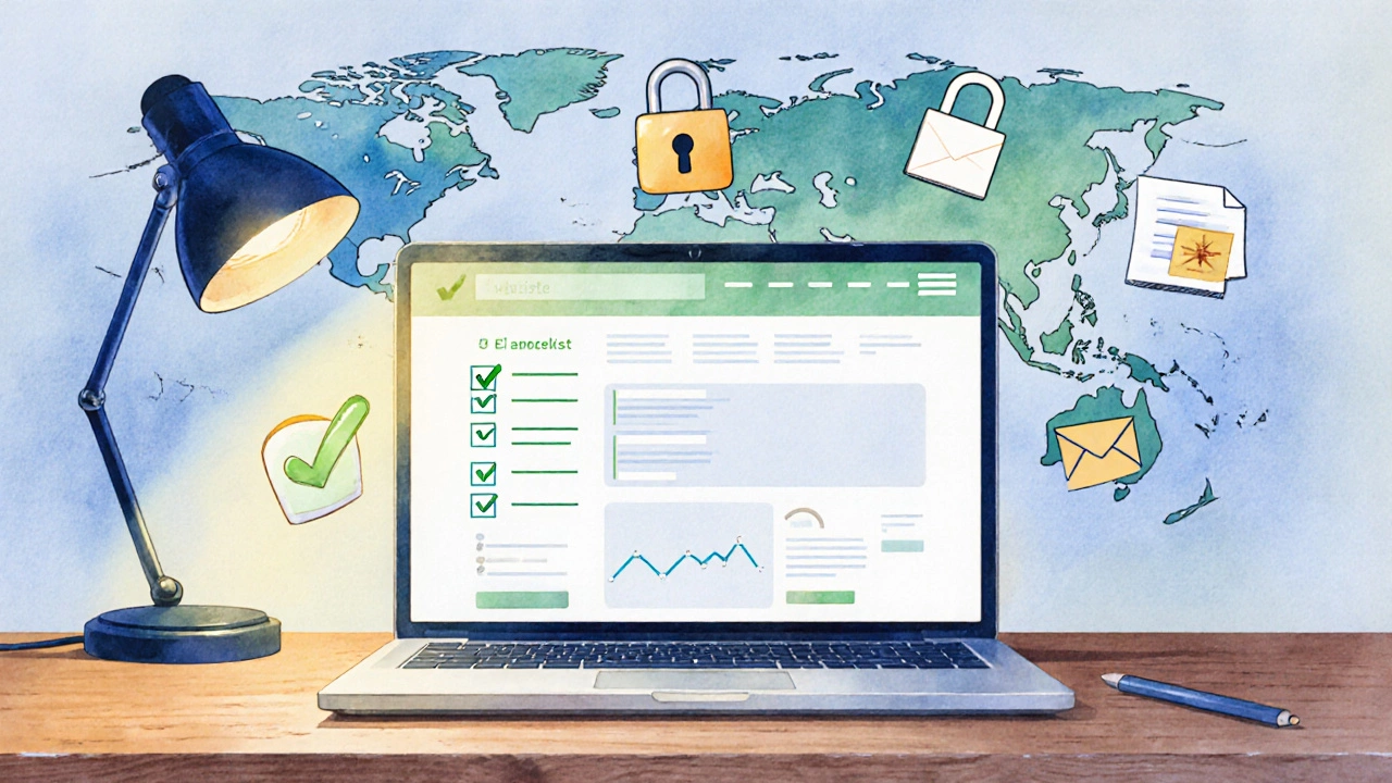 Чек‑лист запуска сайта без домена: ноутбук, галочки, значок SSL, аналитика и формы.