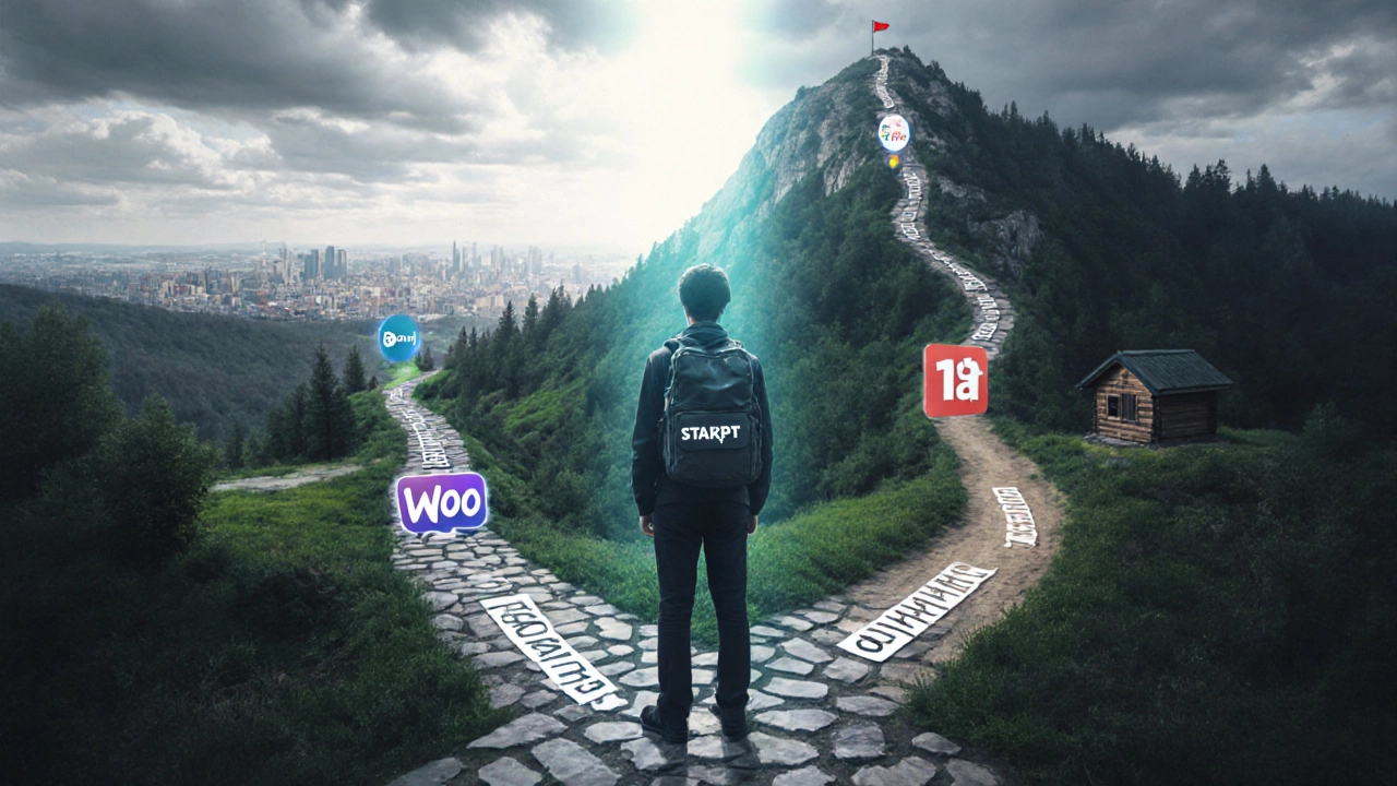 Человек на перекрестке путей к разным платформам для интернет-магазина.