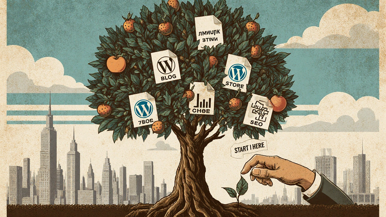 Дерево роста сайта: корни — HTML, ветви — функции WordPress, стиль советского плаката.