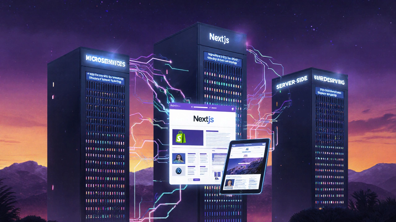 Футуристический пейзаж веб‑архитектуры с микросервисами, Headless CMS и Next.js.