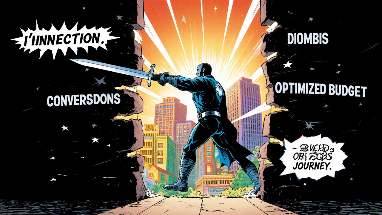 Герой разрушает стену 'Несвязанные системы' мечом, открывая город конверсий и прибыли в стиле комикса.