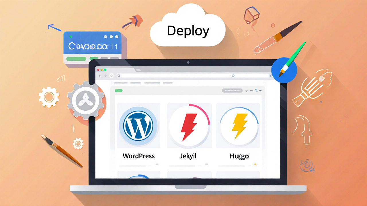 Коллаж с логотипами WordPress, Jekyll, Wix, Hugo, доменом и облаком для деплоя.