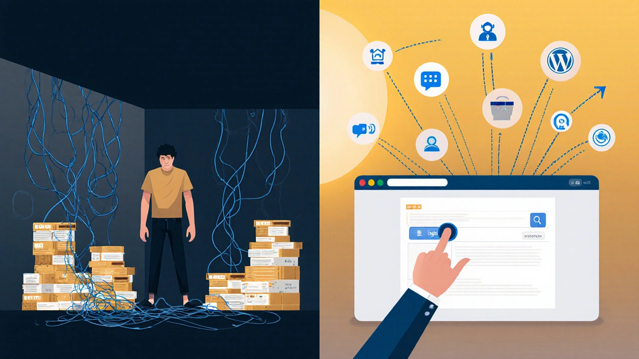 Контраст между сложным ручным кодированием HTML и простым управлением WordPress.