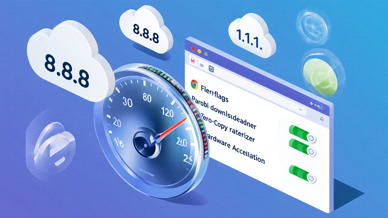 Оптимизированный Chrome: индикатор скорости, переключатели DNS и экспериментальных флагов.