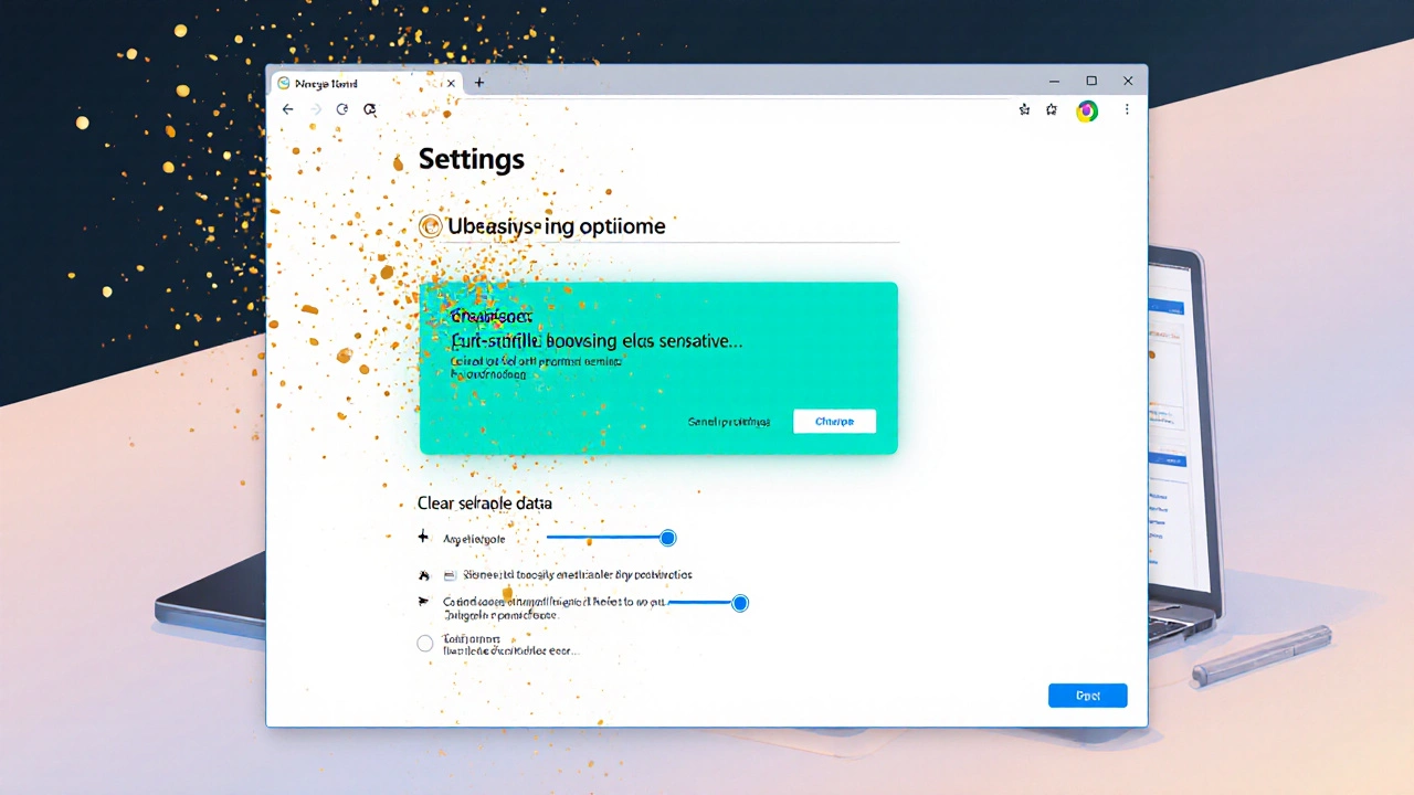 Пользователь очищает кэш в настройках Chrome, визуализировано вихрем данных.