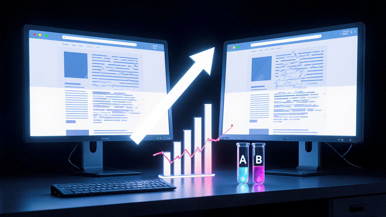 Рабочее место с двумя версиями лендинга, графиком роста и символами A/B тестов.
