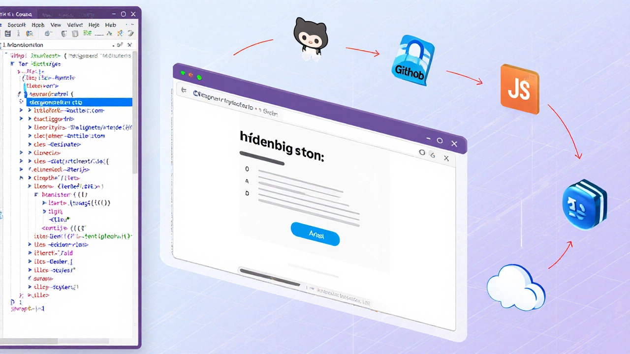 Рабочее пространство с VS Code, превью сайта и иконками GitHub, терминала и облака.