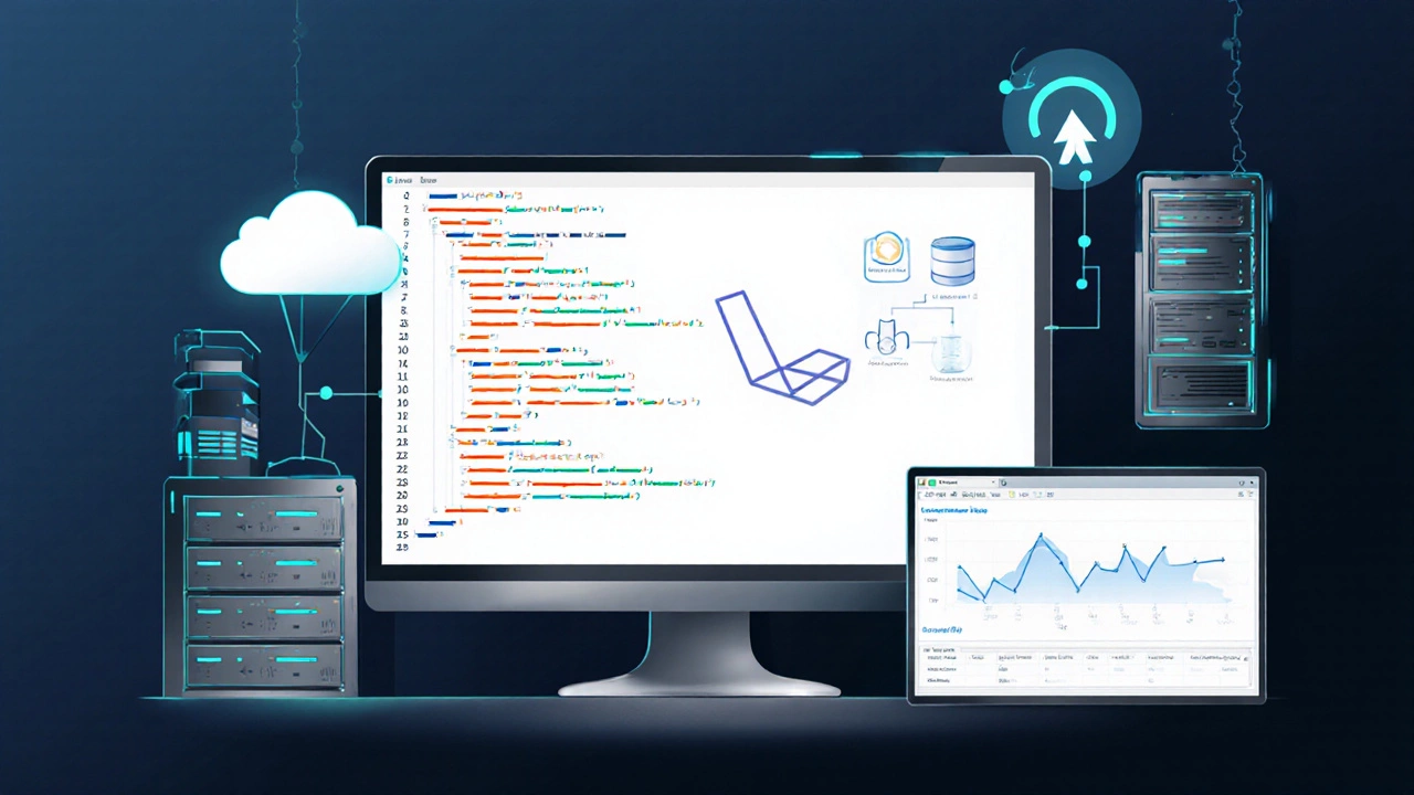 Разработчик работает с кодом Laravel, окружённый серверными элементами и диаграммами.