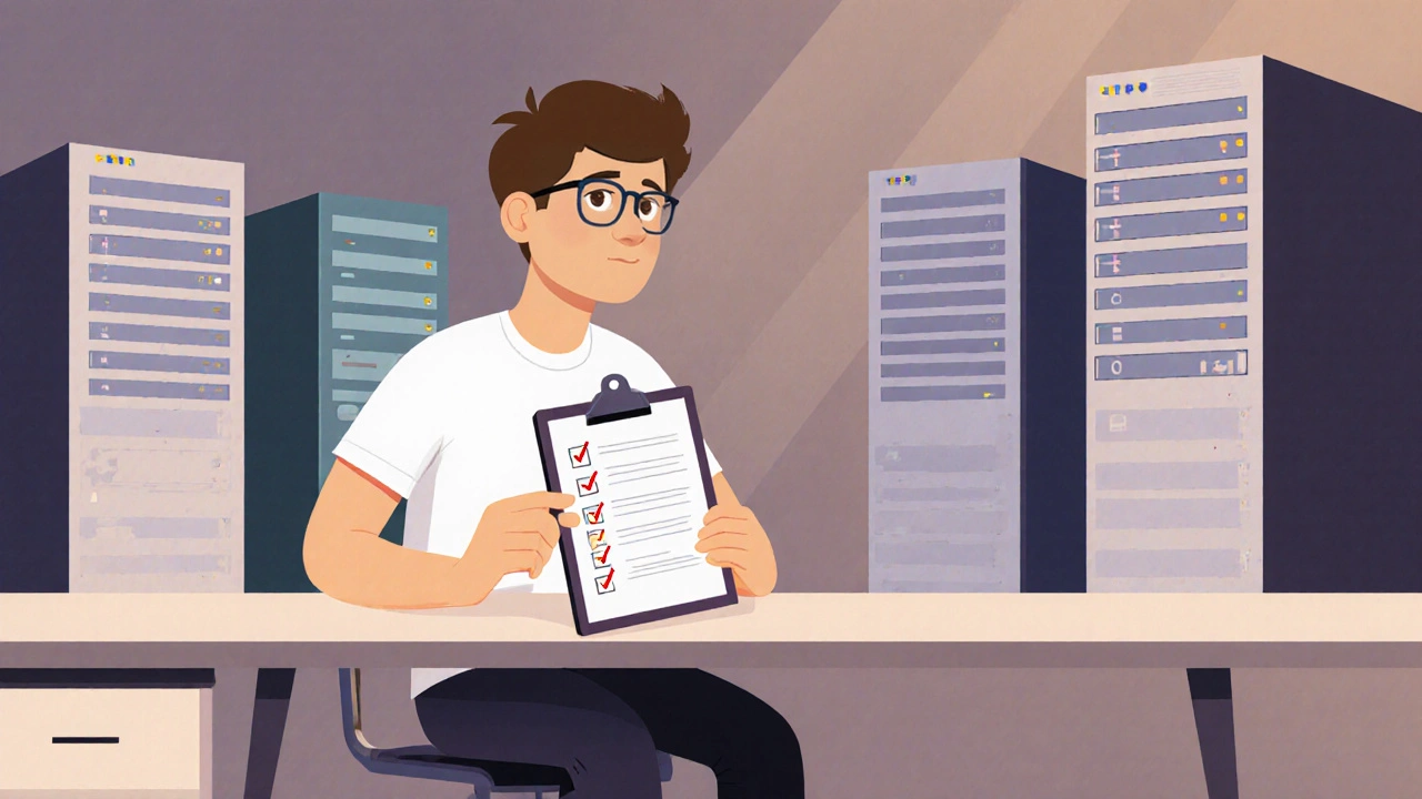 Разработчик у стола, рядом пять серверных башен, в руке чек‑лист.