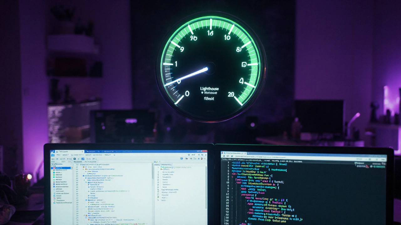 Разработчик в темной комнате, монитор DevTools, индикатор скорости.