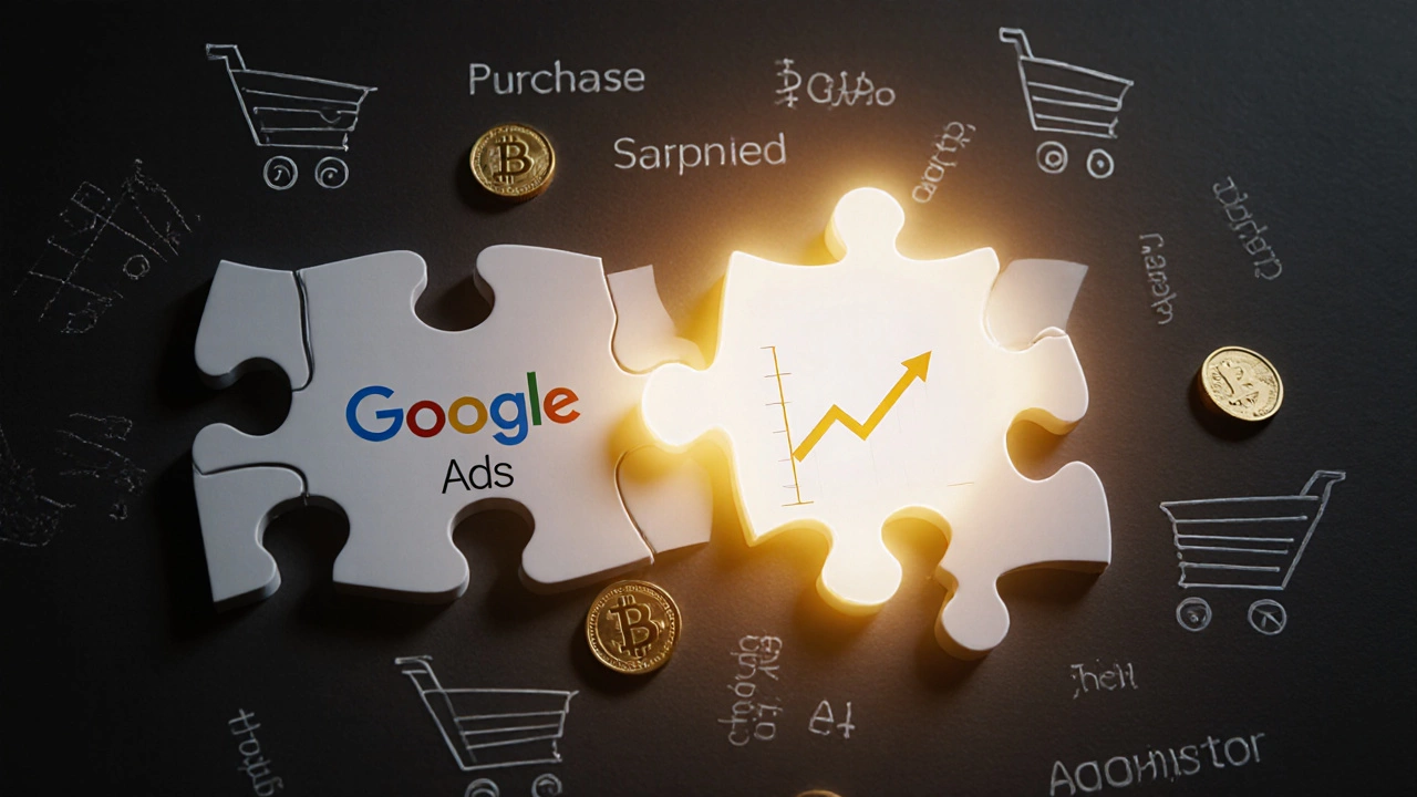 Разрозненные части головоломки Google Ads и GA4, соединённые светящейся частью с графиком прибыли.