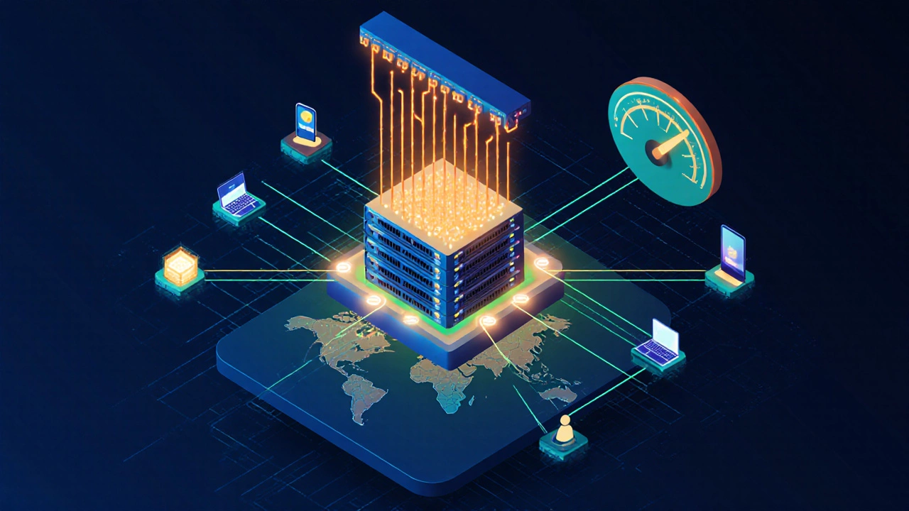 Схема глобальной CDN‑сети, показывающая быстрый поток данных от сервера к пользователям по всему миру.
