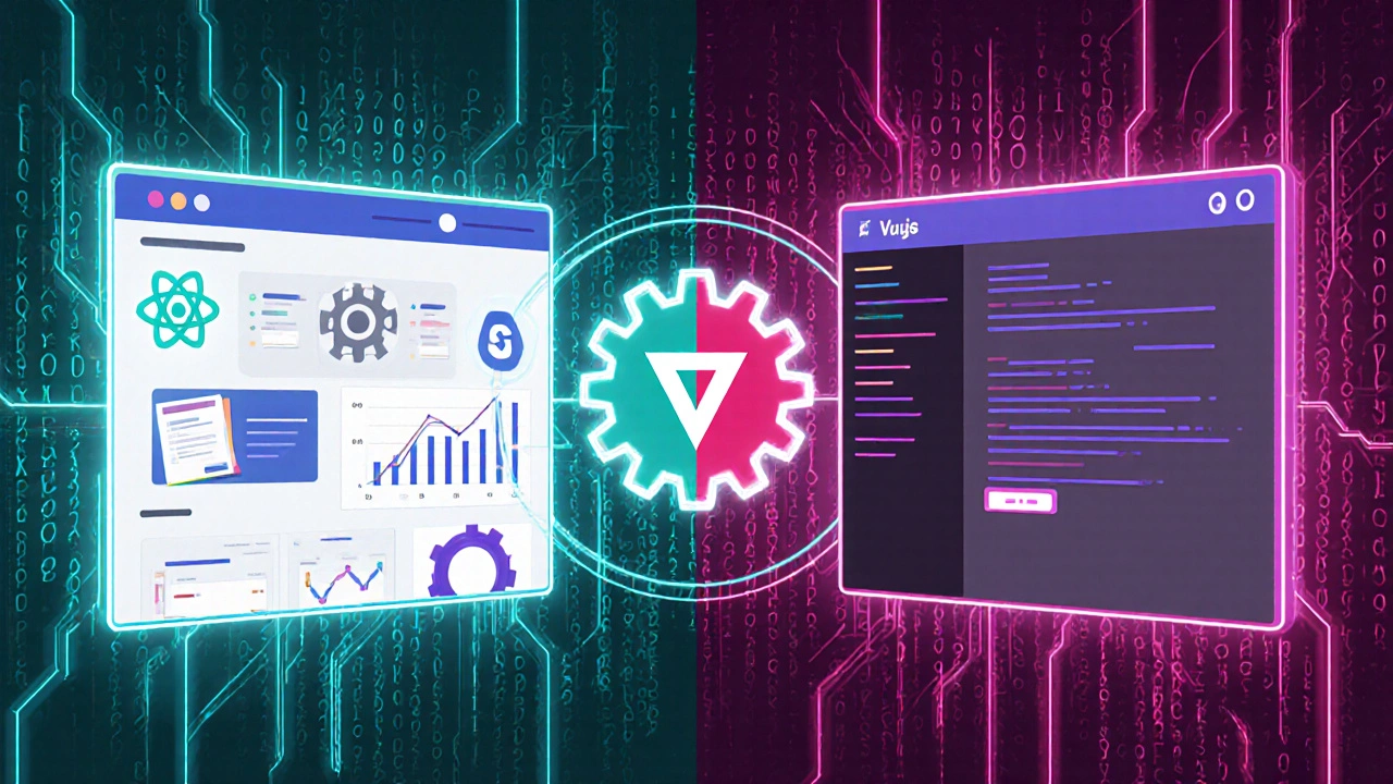 Сравнение UI на React и Vue, с иконками Svelte и Angular, в неоновом стиле.