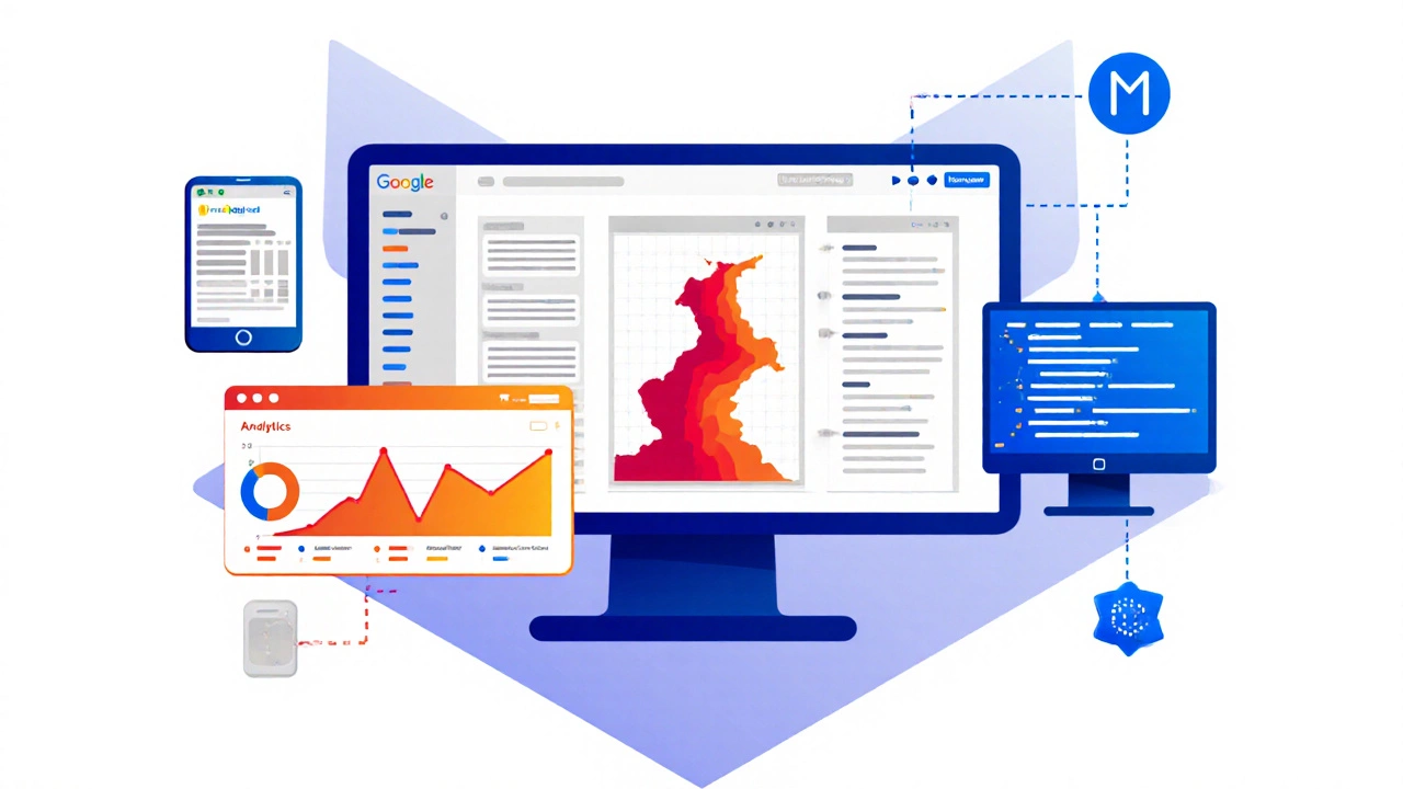 Три экрана показывают интерфейсы Google Analytics, Яндекс Метрика и Meta Pixel рядом с устройствами.