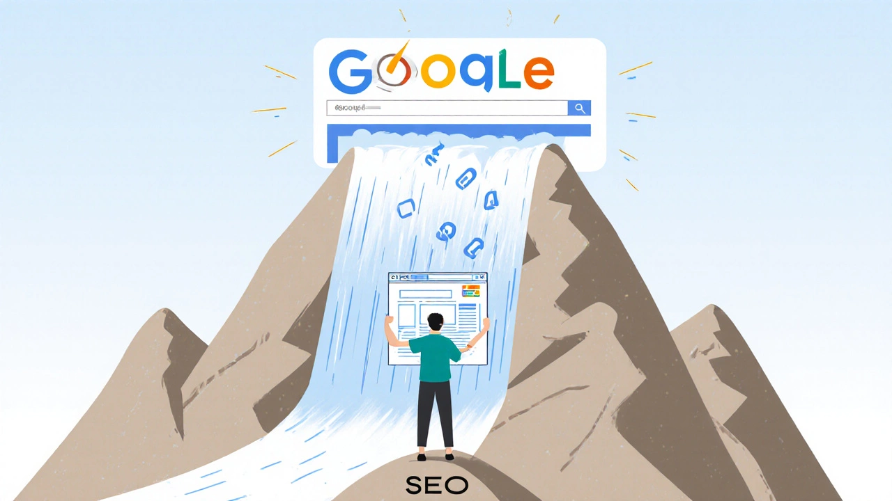 Человек с планом сайта у подножия горы SEO, над ним — поток результатов Google.