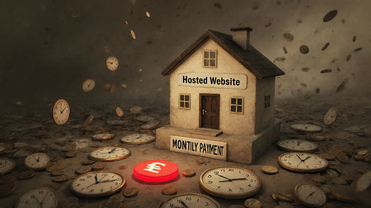 Дом сайта стоит на основании с надписью &#039;Ежемесячная оплата&#039;, вокруг — часы и падающие монеты.