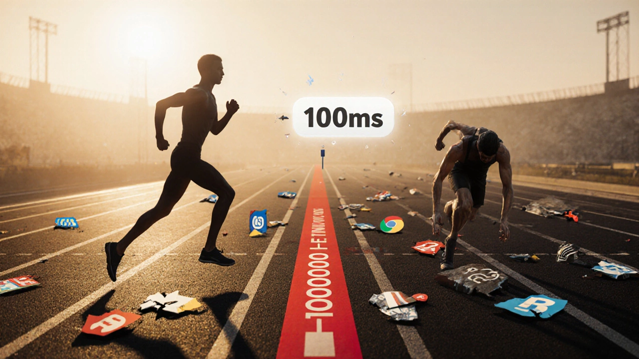 Гонка между 100 мс и 1000 мс, где тяжелые элементы сайта замедляют загрузку.