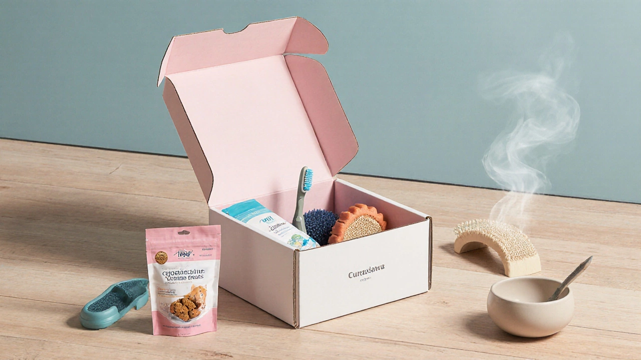 Коробка с уходом для пожилой кошки: щетка, лакомства и игрушка-царапка на деревянном полу.
