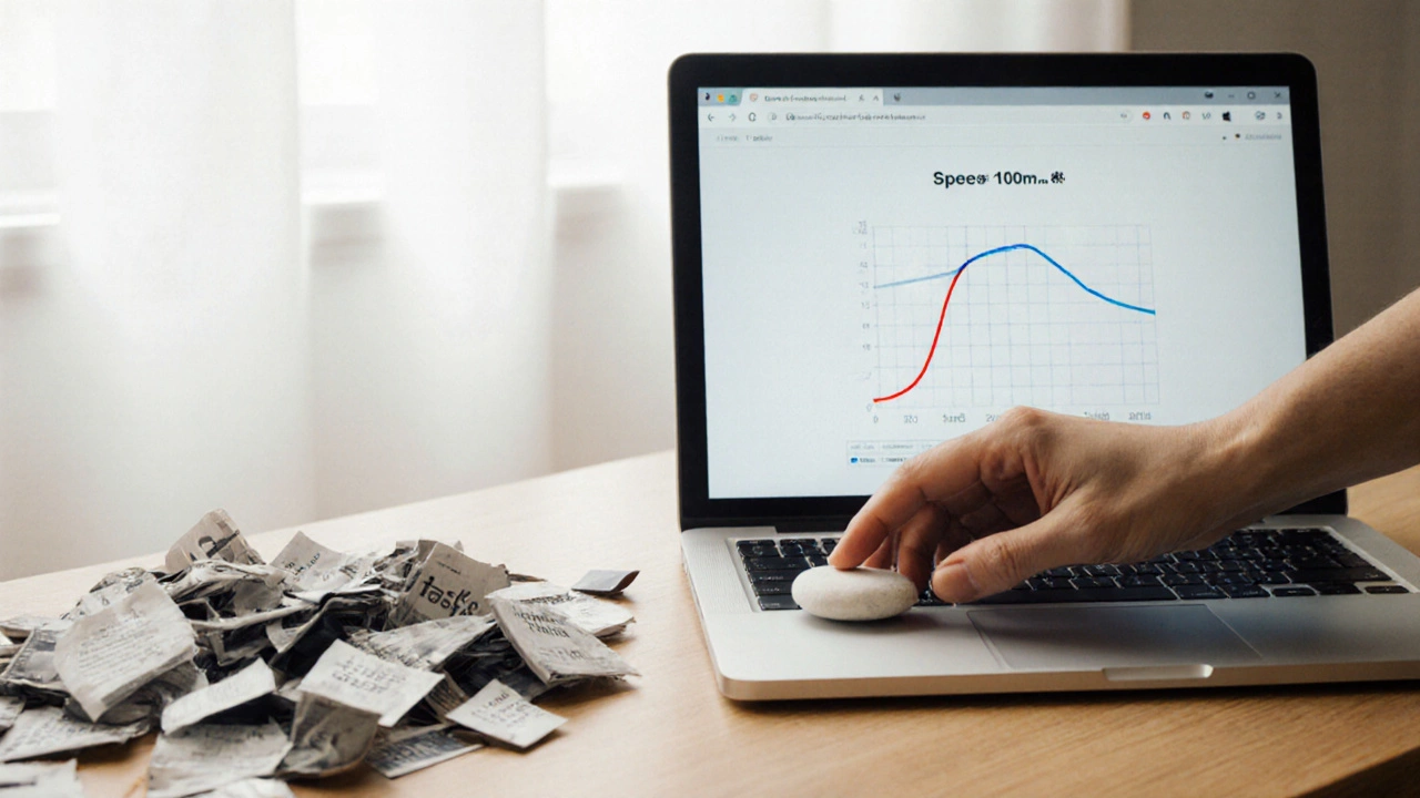 Рабочий стол веб-дизайнера с графиком скорости 100 мс и убранными тяжелыми файлами.