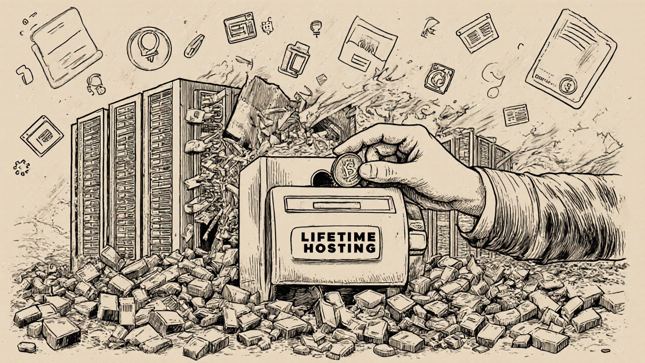 Рука кладет монету в слот &#039;Пожизненный хостинг&#039;, а серверы падают в руины, как на старинном чертеже.