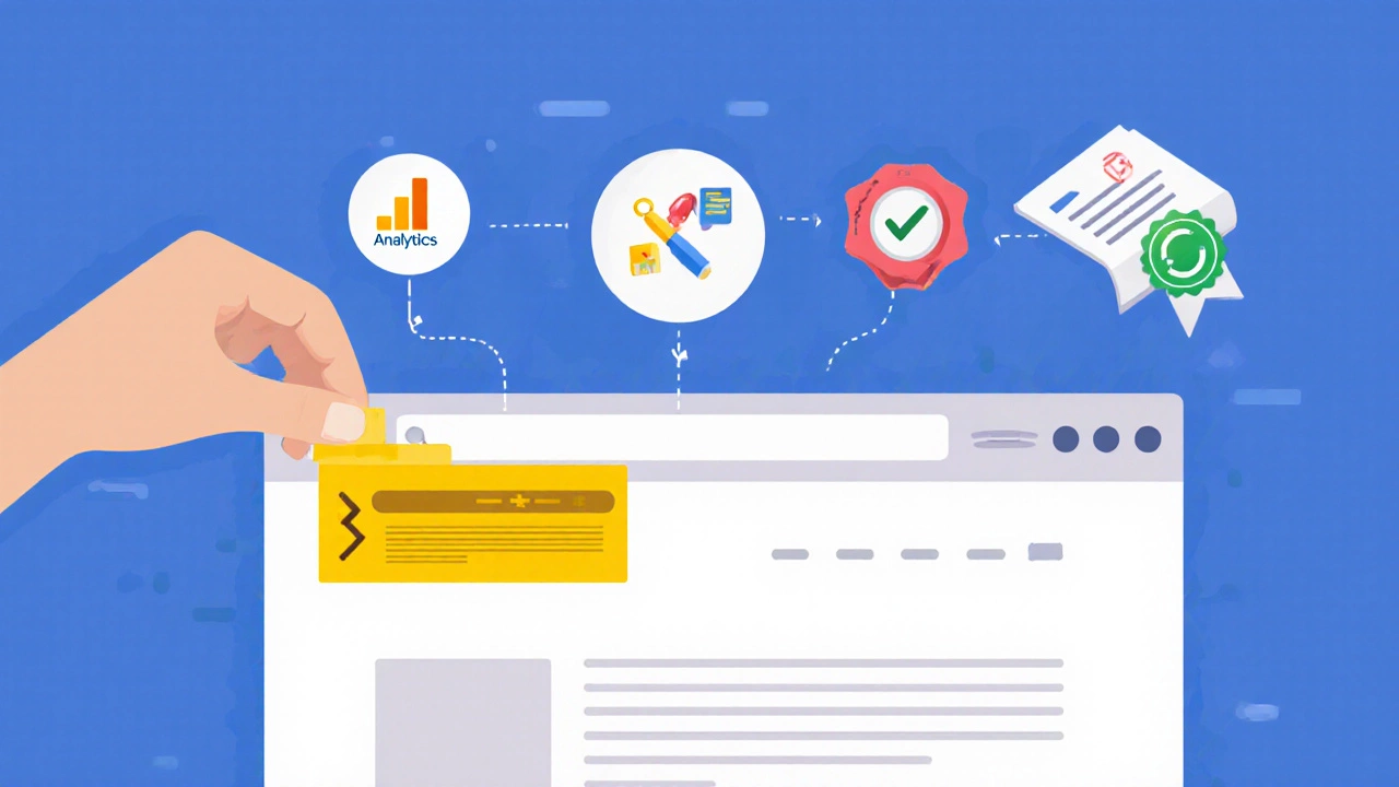 Схема вставки кода Google Analytics перед закрывающим тегом &lt;/head&gt; на веб-странице.