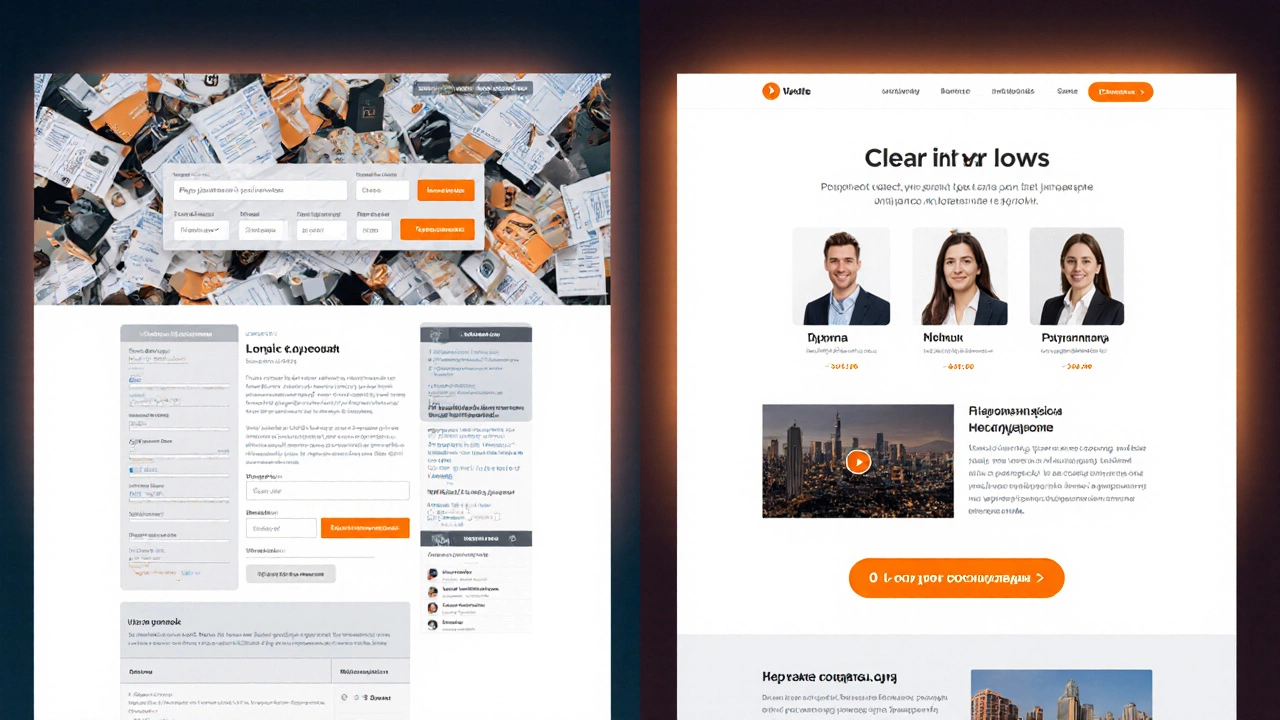 Сравнение двух лендингов: слева — перегруженный, справа — чистый с фото клиентов и яркой кнопкой.