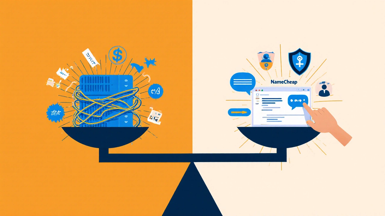 Весы: дешевый хостинг с скрытыми платежами против Namecheap с чистыми функциями и защитой.