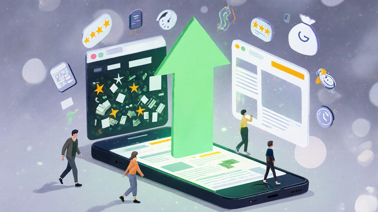 Зелёная стрелка роста над смартфоном, люди уходят от тёмного сайта и идут к светлому.