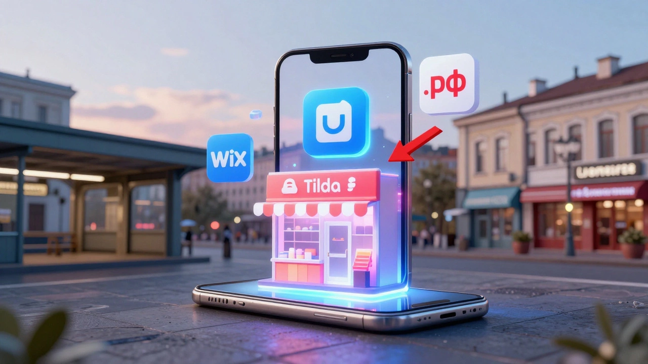 Цифровой сайт вспыхивает из телефона, окруженный логотипами конструкторов и доменом .рф.