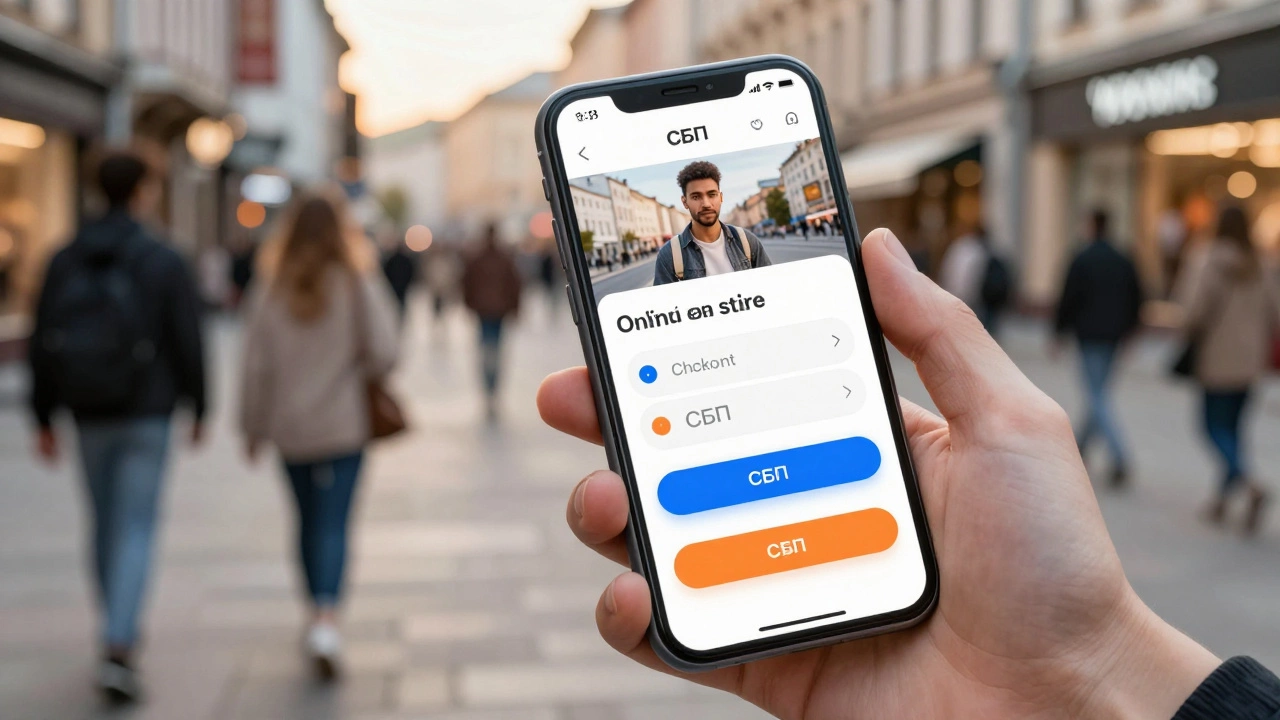 Покупатель совершает покупку через мобильный магазин с оплатой СБП на фоне городской улицы