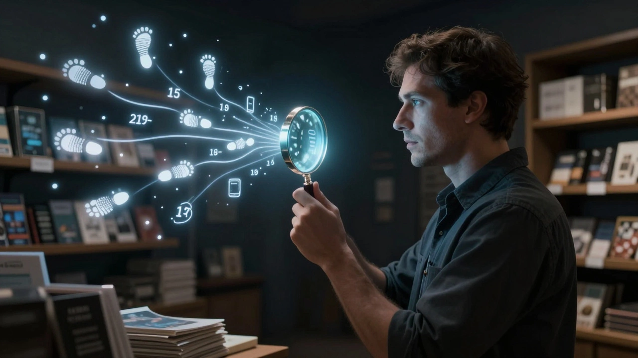 Покупатель в магазине, чьи действия становятся видимыми через световые следы, показывающие поведение посетителей.