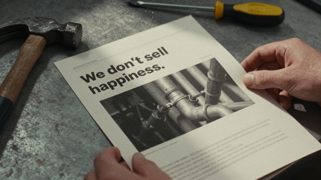 Рука кладёт распечатанный макет сайта на металлический стол с инструментами, фон — старая фотография труб.