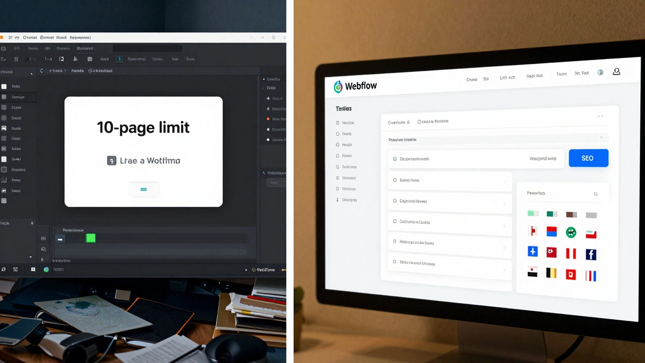 Сравнение: перегруженный редактор Тильды слева и гибкий Webflow справа с полным контролем SEO.