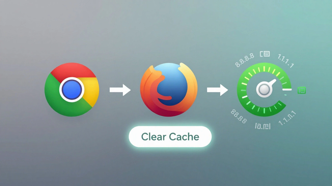 Три браузера с разной скоростью загрузки и символы DNS-серверов на фоне.