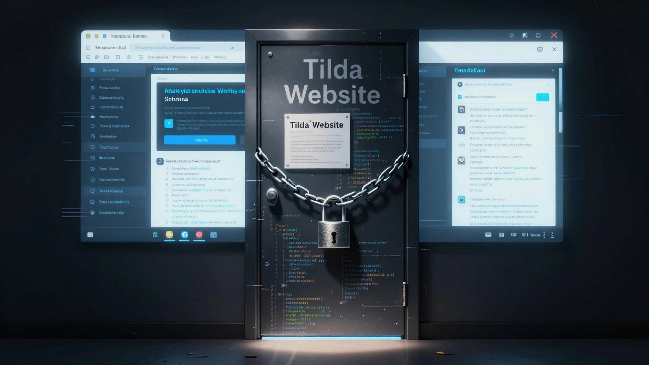 Заблокированный сайт на Тильде с цепями из скриптов и SSL, за ним — открытый доступ к Webflow и WordPress.