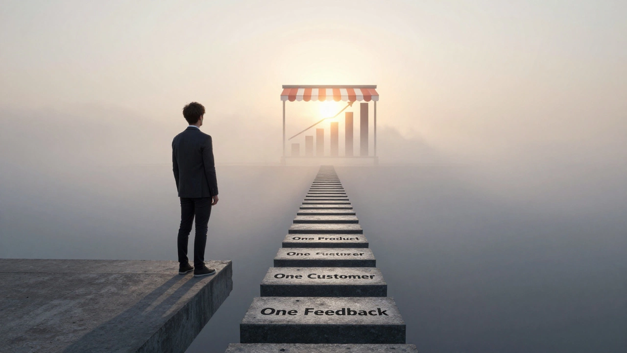 Человек идет по мосту из маленьких шагов к растущему интернет-магазину на фоне рассвета.