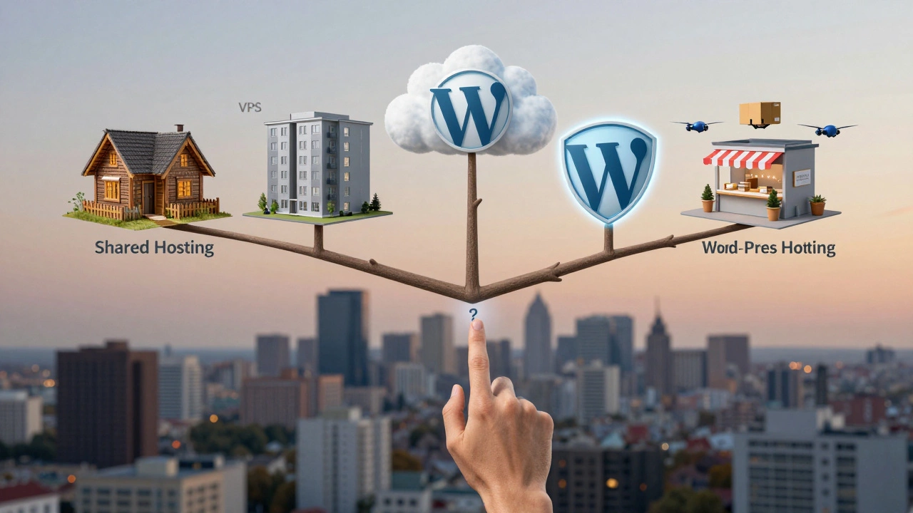 Дерево решений с пятью типами хостинга в стиле цифровой иллюстрации