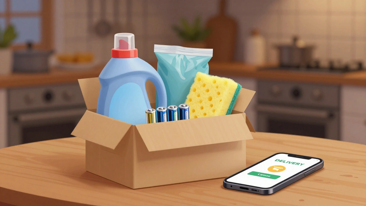 Ежемесячная подписка с бытовой химией на кухонном столе при ночном свете.