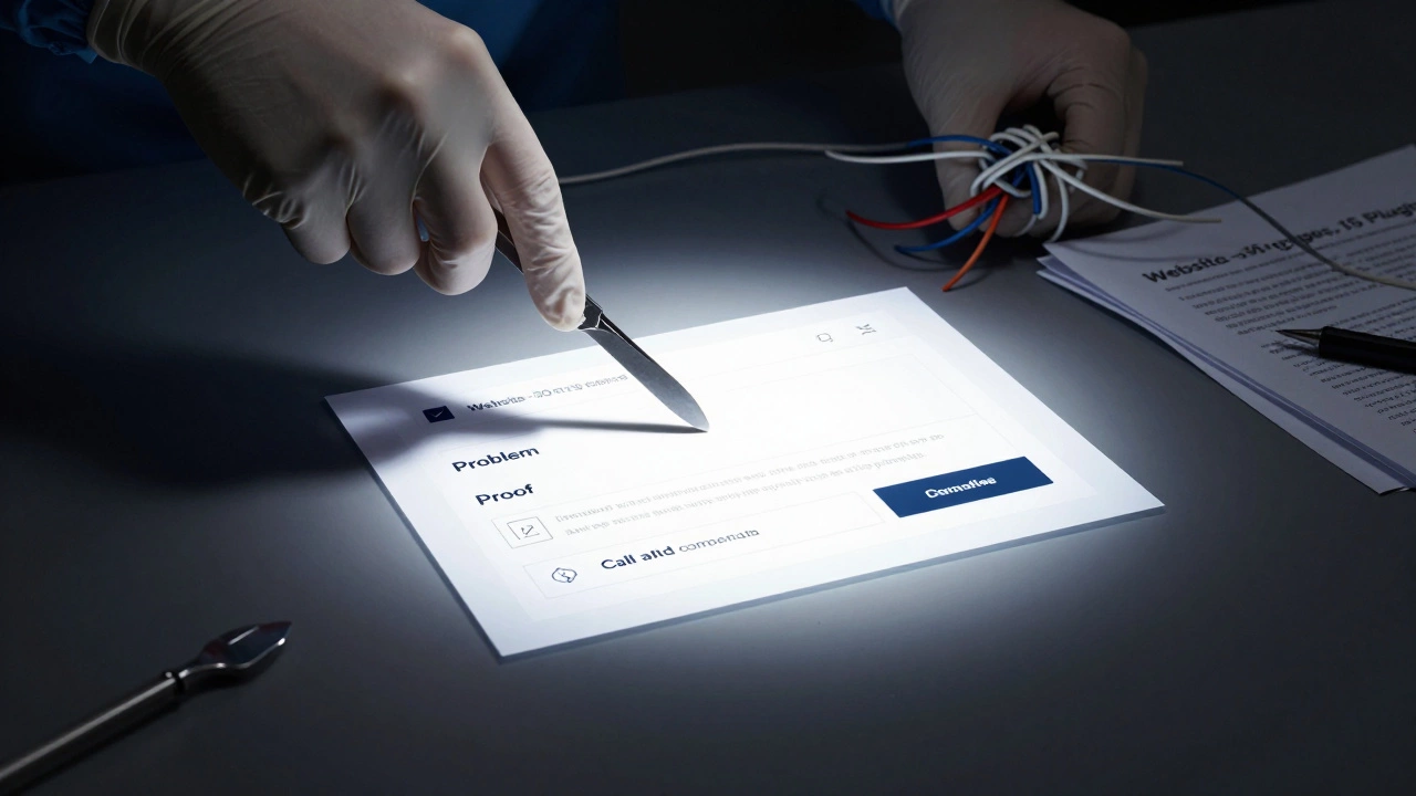 Хирургический нож разрезает хаос сайта, обнажая четкий лендинг с тремя элементами