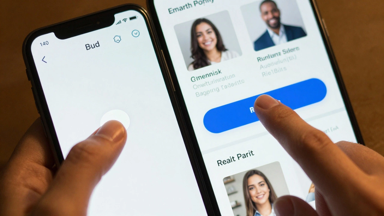 Мобильный экран с труднодоступной кнопкой рядом с оптимизированной версией, рука hesitates над плохой версией.