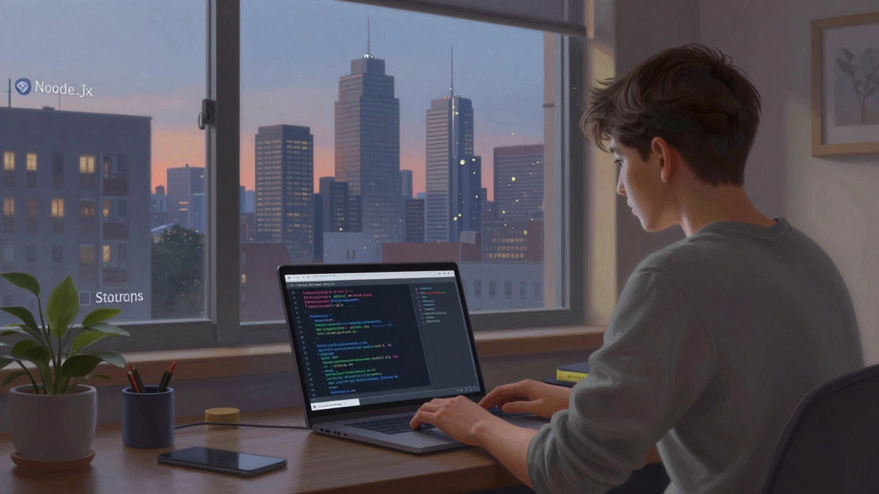 Разработчик смотрит на коды Node.js, Python и Go, за окном — город, растущий от стартапа к масштабной системе.