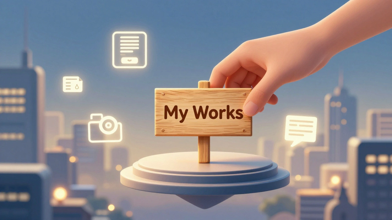 Рука ставит табличку 'Мои работы' на цифровую подставку среди символов онлайн-дохода