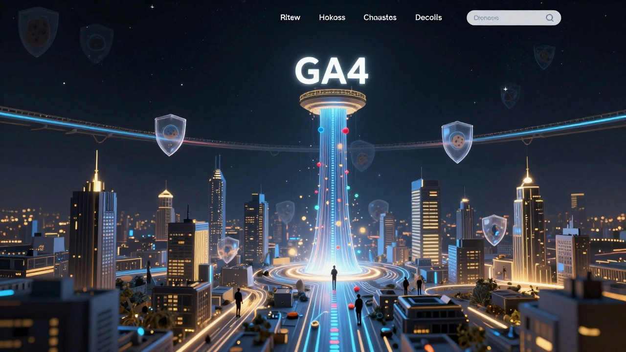 Сайт как город, где данные текут в центральный аналитический центр под небом