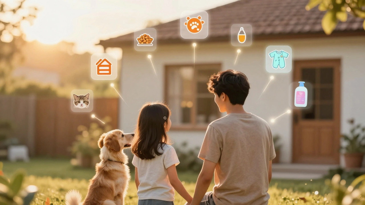 Семья с домашними животными, окруженная символами регулярно покупаемых товаров.