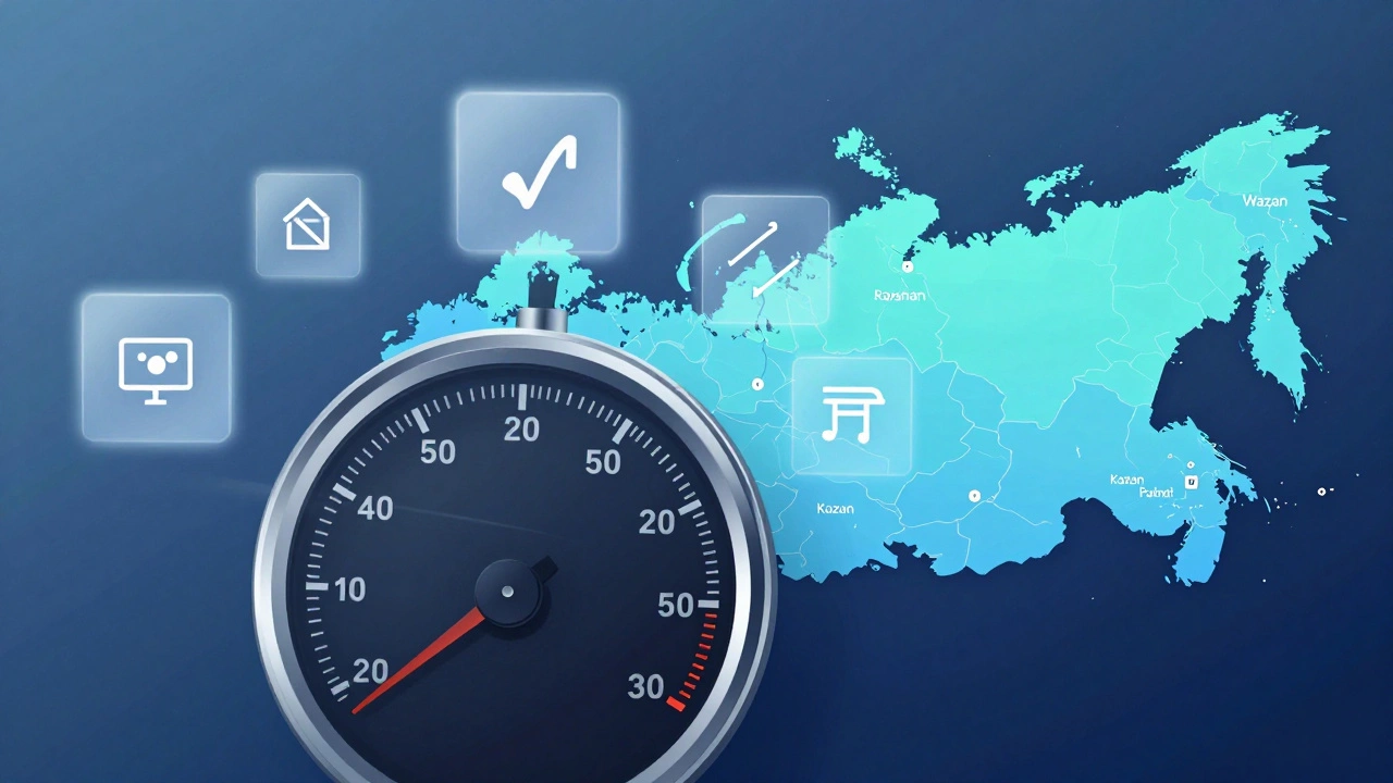 Скоростной указатель на 1,5 секунды с символами оптимизации над картой России.