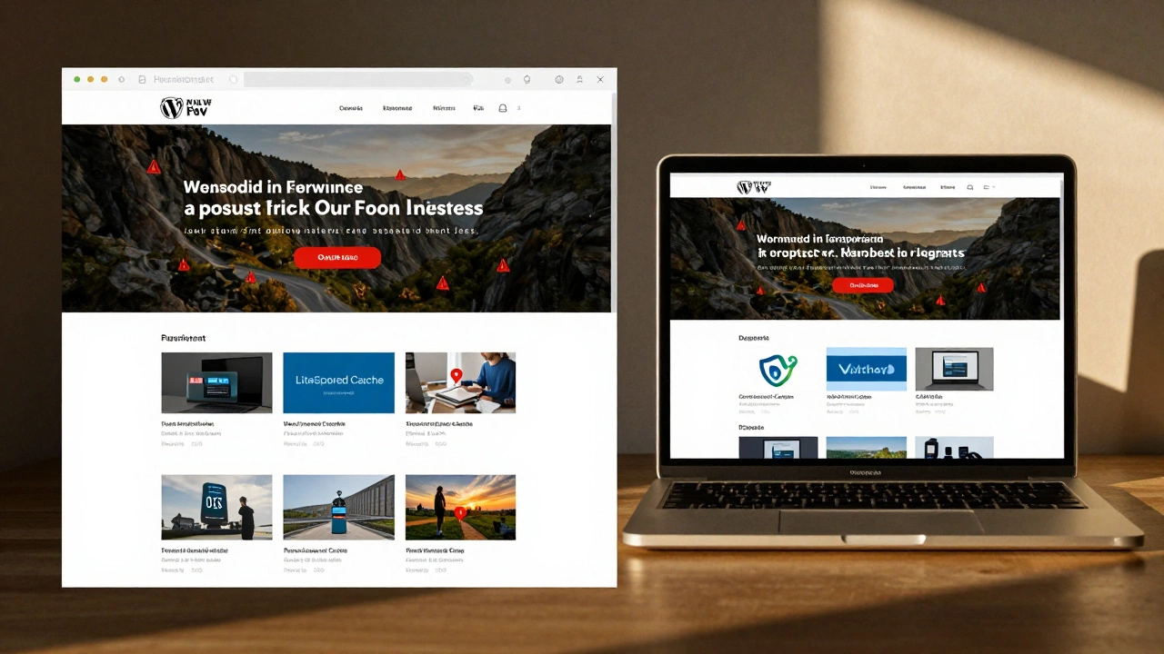 Сравнение медленного и оптимизированного сайта: слева — тормозящий WordPress, справа — быстрый загрузка.