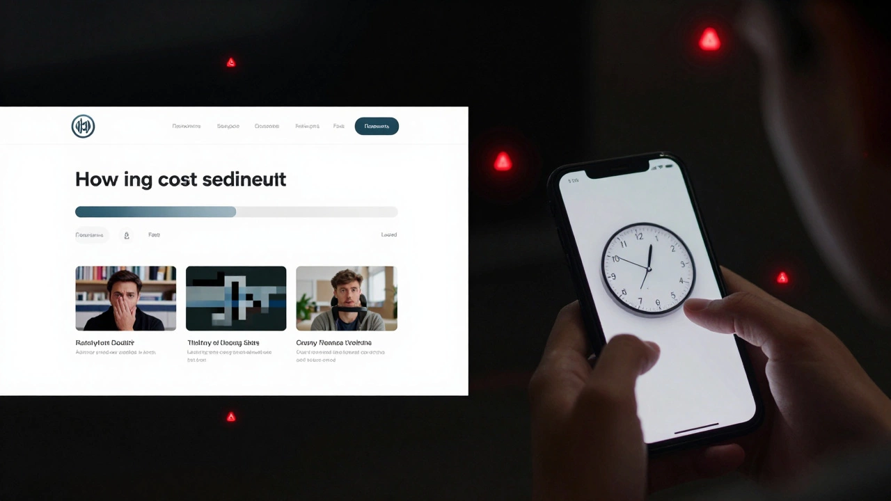 Сравнение медленной и быстрой загрузки сайта на телефоне, с таймером, показывающим потерю времени.
