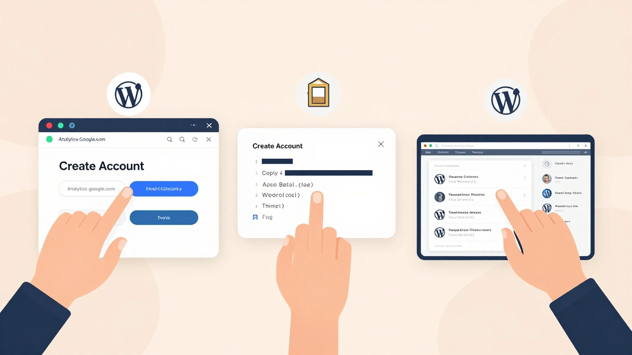 Три этапа установки GA4: создание аккаунта, копирование кода и вставка в WordPress