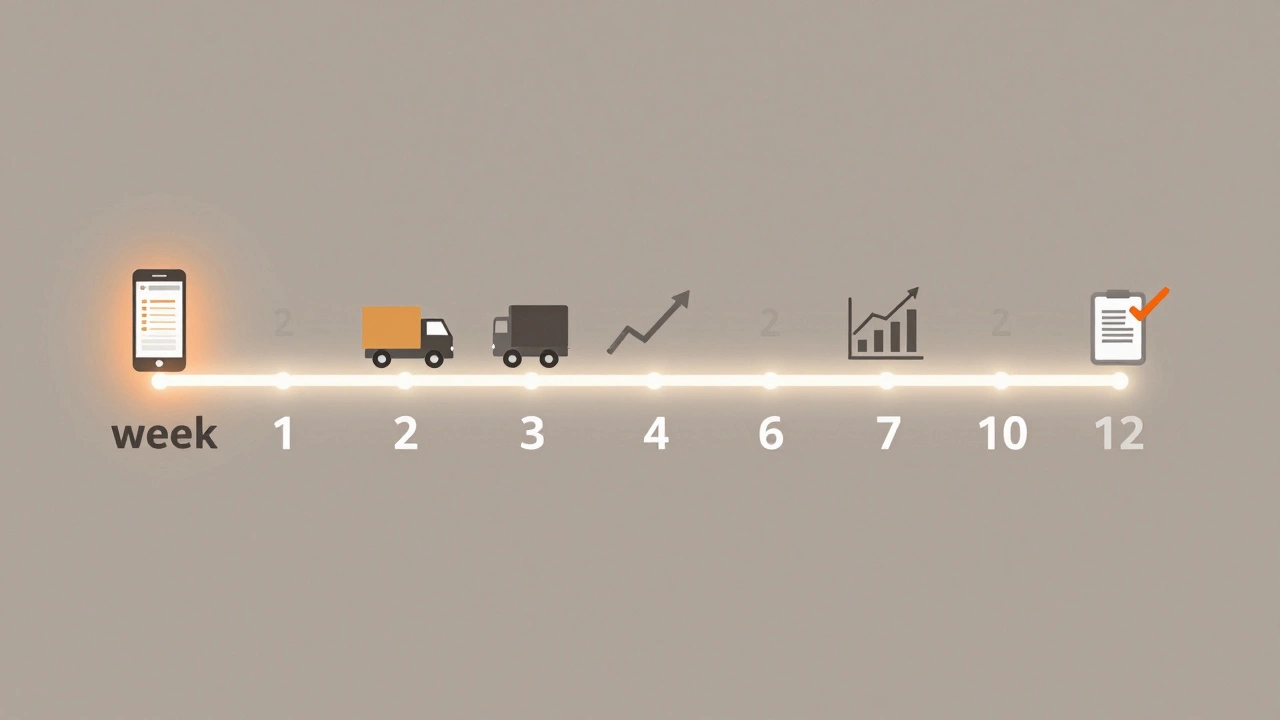 Визуальная хронология от первого шага до первой продажи в интернет-магазине с иконками и световой дорожкой.