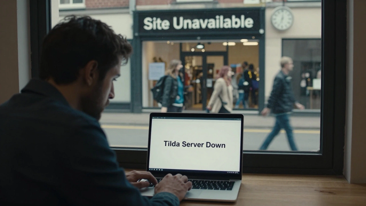 Бизнесмен смотрит на пустой экран сайта из-за сбоя Tilda, пока клиенты уходят от магазина.